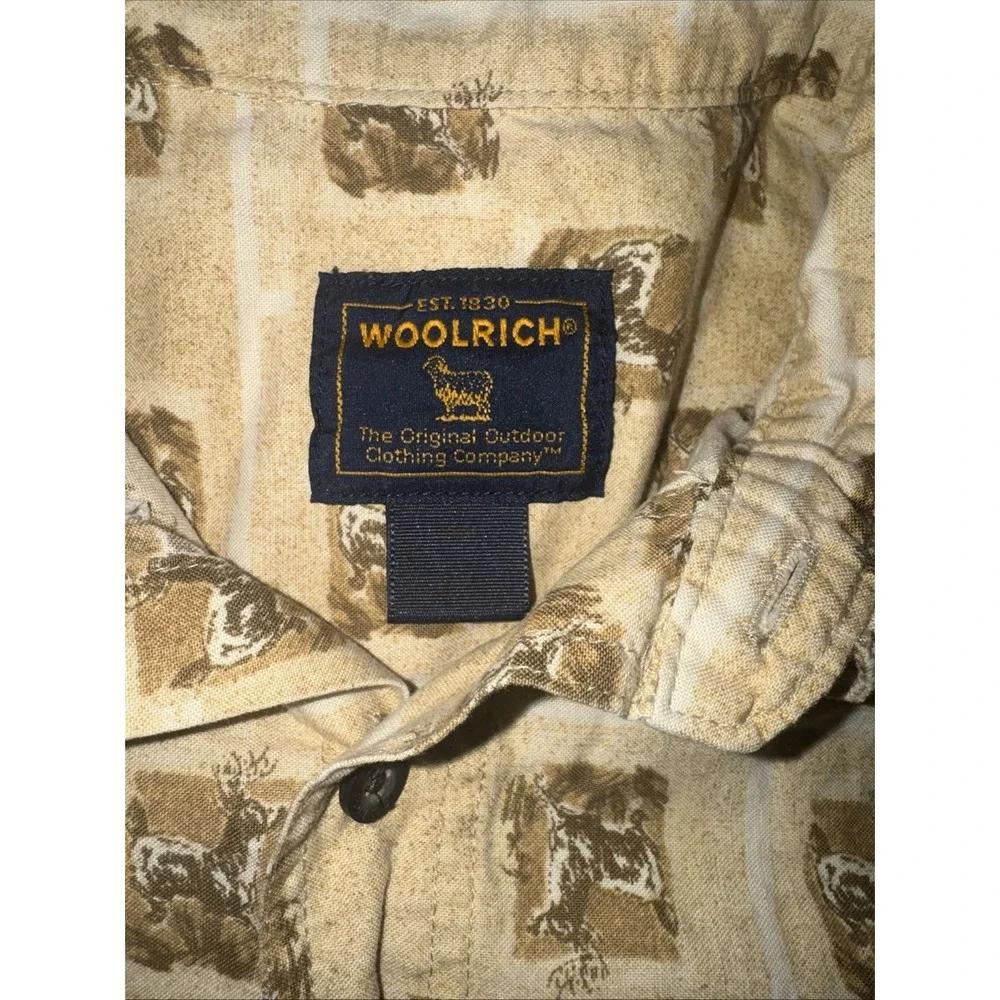 Vintage Woolrich Deer Print‎ Novelty Print Button Front Tan Shirt Large